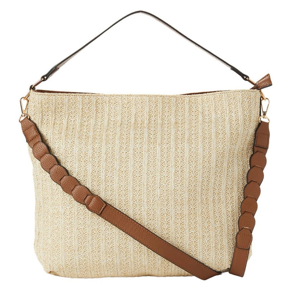 Kim Rogers Woven Straw Hobo Shoulder Bag w/ Removable Strap Tan/Natural NWOT